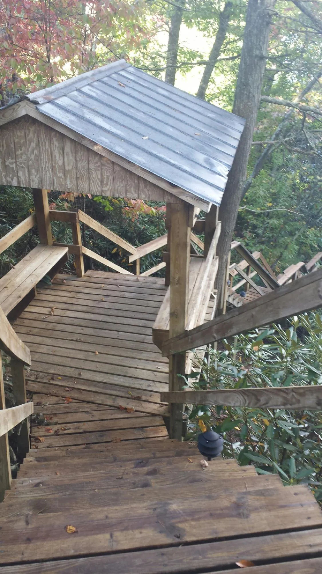 Metal roofed shelter over wooden steps on a wooded walkway — Skylight Repair & Installation work by our crew in Sibley